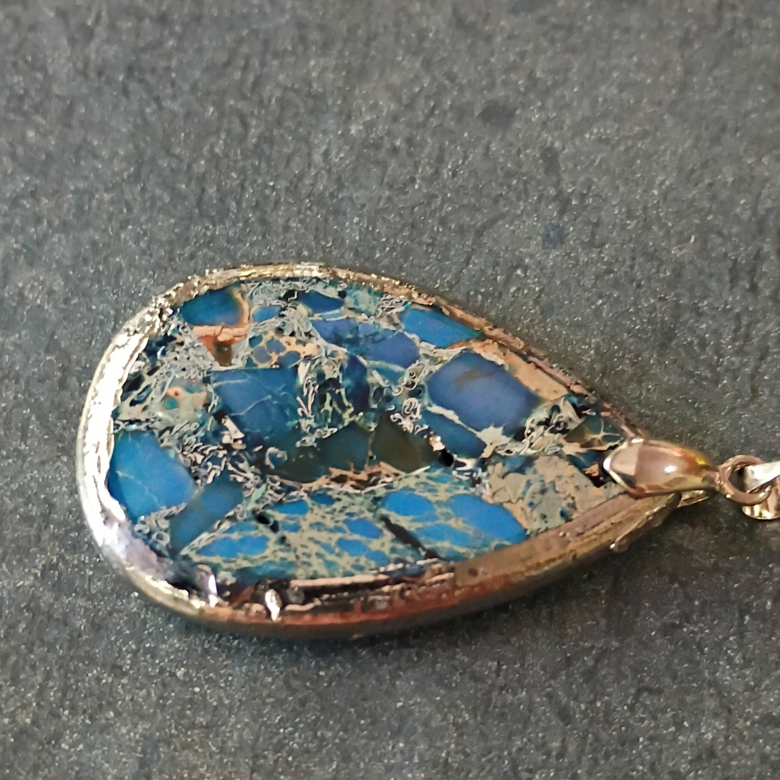 Teardrop Blue Jasper Stone Charm Pendant Silver Tone Bezel Setting w/ Bail
