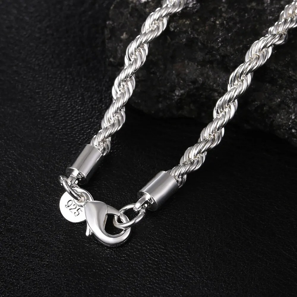 4MM Rope Chain Necklace 925 Sterling Silver Fashion Jewelry for Women Men Gift