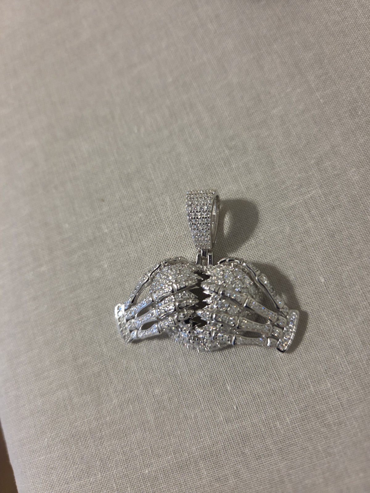 Moissanite Pendant Skeleton Hands Holding a Broken Heart, Harlem Bling