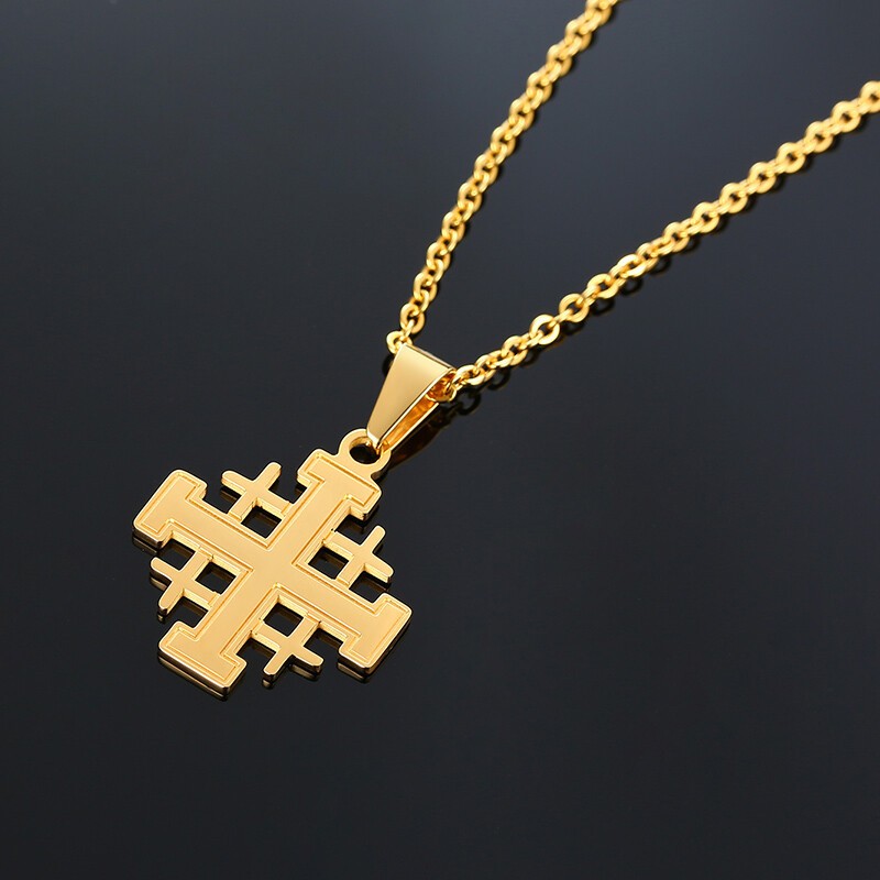 Gold Christianity Jerusalem Cross Pendant Necklace Stainless Steel Chain Classic