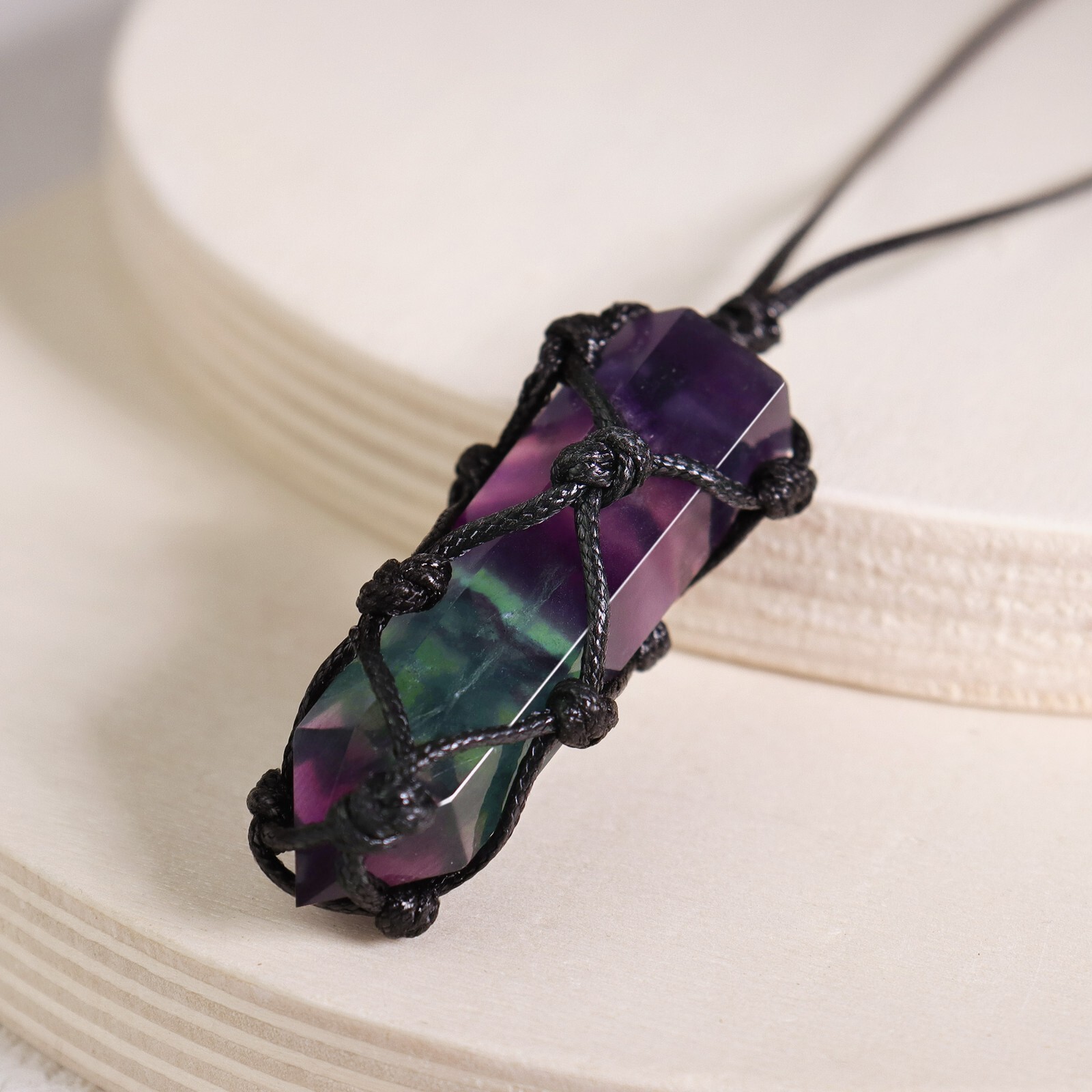 Genuine Rainbow Fluorite Crystal Hexagonal Point Pendant Healing Reiki Necklace