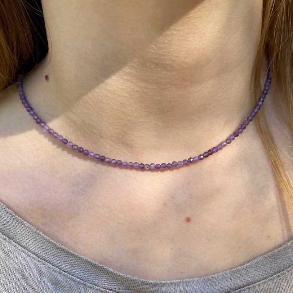 Amethyst 2mm Crystal Gemstone Faceted Beads Minimalist Dainty Choker Necklace