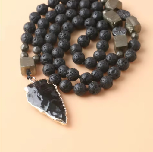 Black Obsidian Arrowhead Pendant lava Rock Pyrite Beads Meditation Necklace