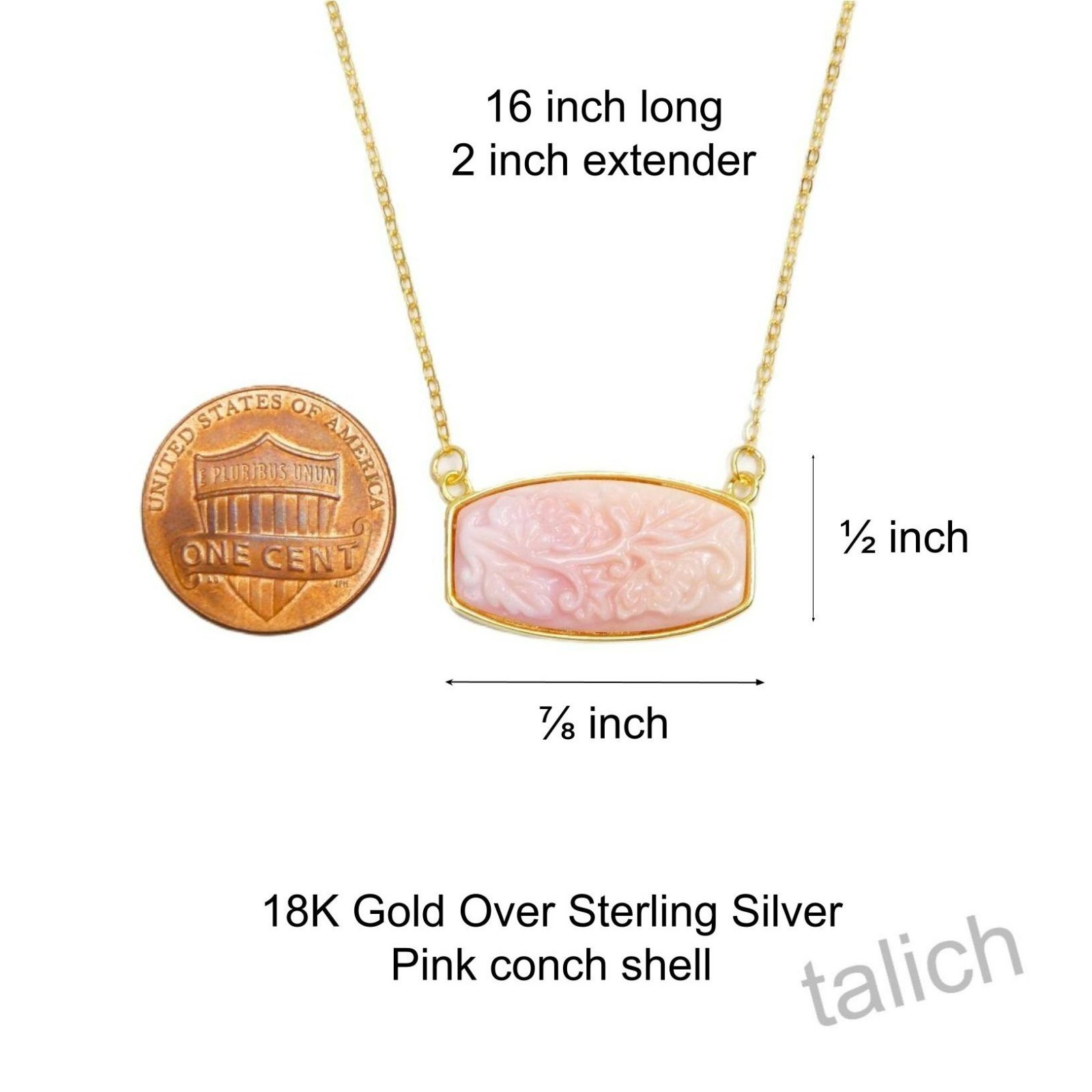 18K Gold Over Sterling Silver Pink Conch Shell Floral Cameo Bar Pendant Necklace