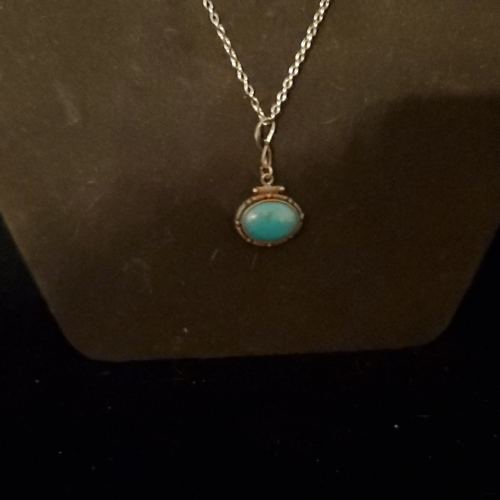 Sterling Silver Signed Oval Turquoise Bezel Pendant Rope Chain, Spring Ring