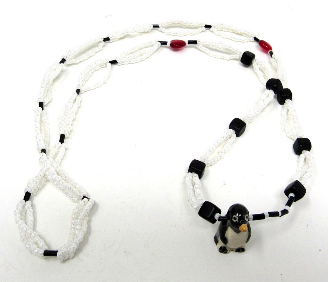 Penguin Beaded Necklace White Red Black Beads 12 inches No Clasp US Seller SNG