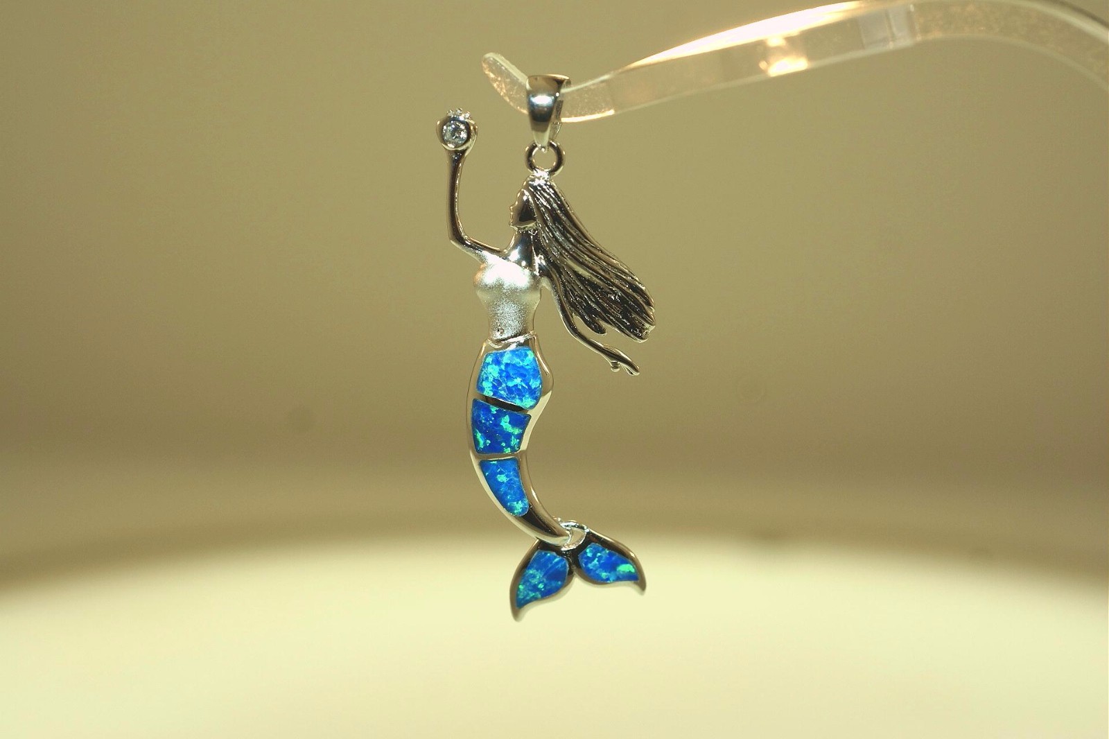 28MM RHODIUM 925 SILVER INLAID BLUE OPAL WIGGLING HAWAIIAN MERMAID CZ PENDANT