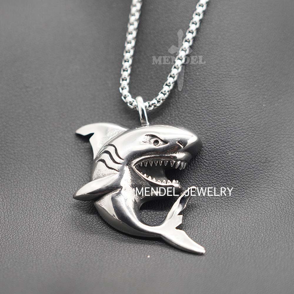 MENDEL Mens Boys Girls Shark Fish Pendant Necklace Stainless Steel Chain Set