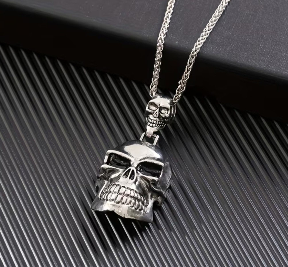 Men Silver Gothic Skull Necklace 60CM Chain Pendant Biker Gift goth satan devil