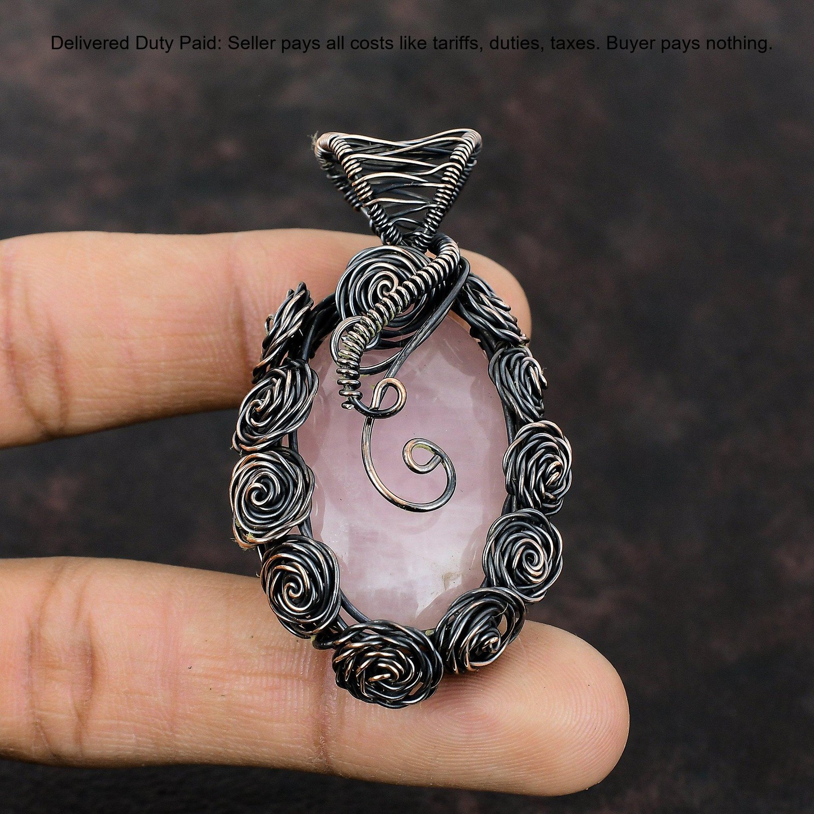 Copper Oval Rose Quartz Stone Anniversary Flower Sister Birthday Pendant Jewelry