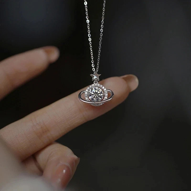 925 Sterling Silver Planet Necklace Women Pendant Choker Fashion Jewelry