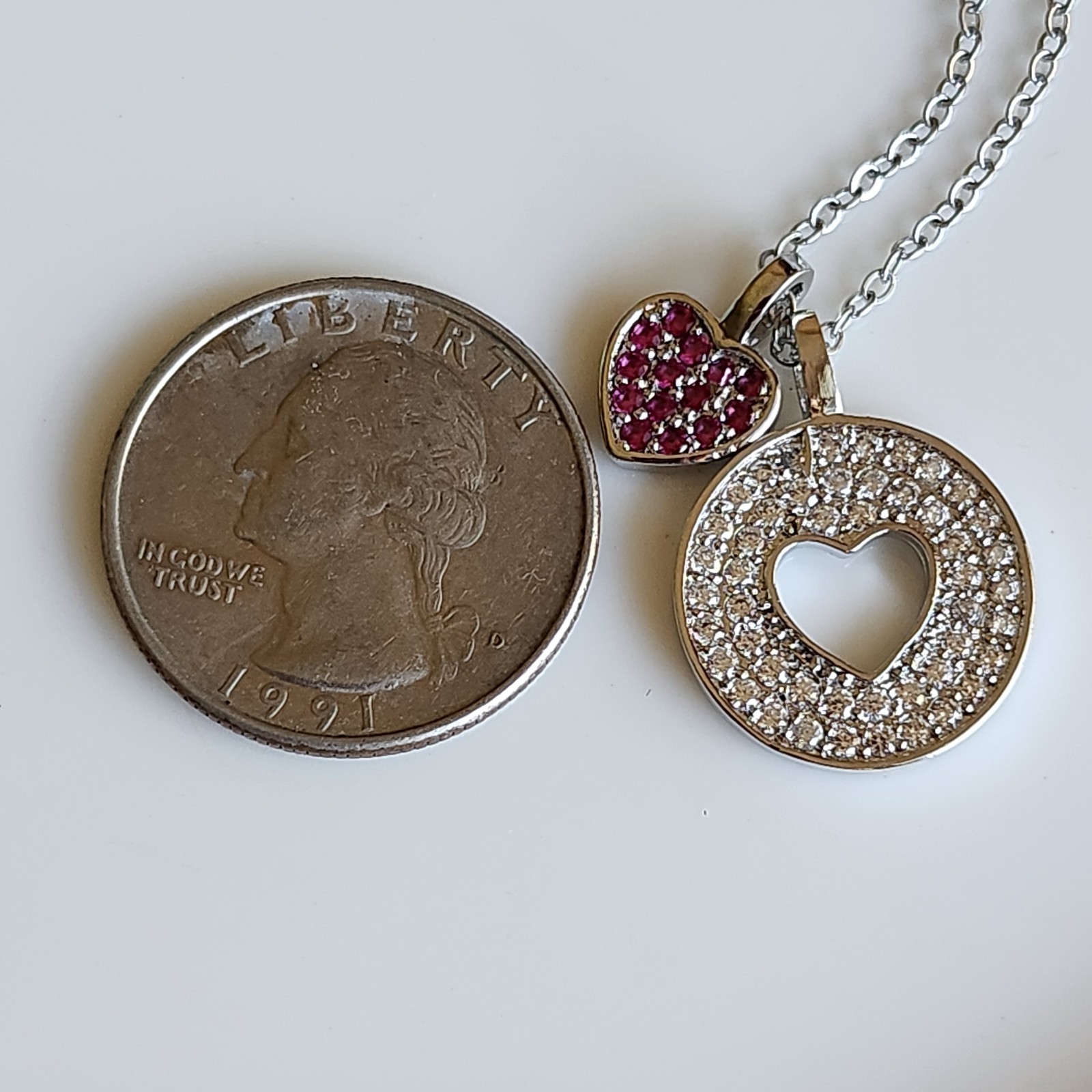 14k White Gold Plated Ruby+Sapphire 2 HEART 23mm Pendant Gemstone free chain
