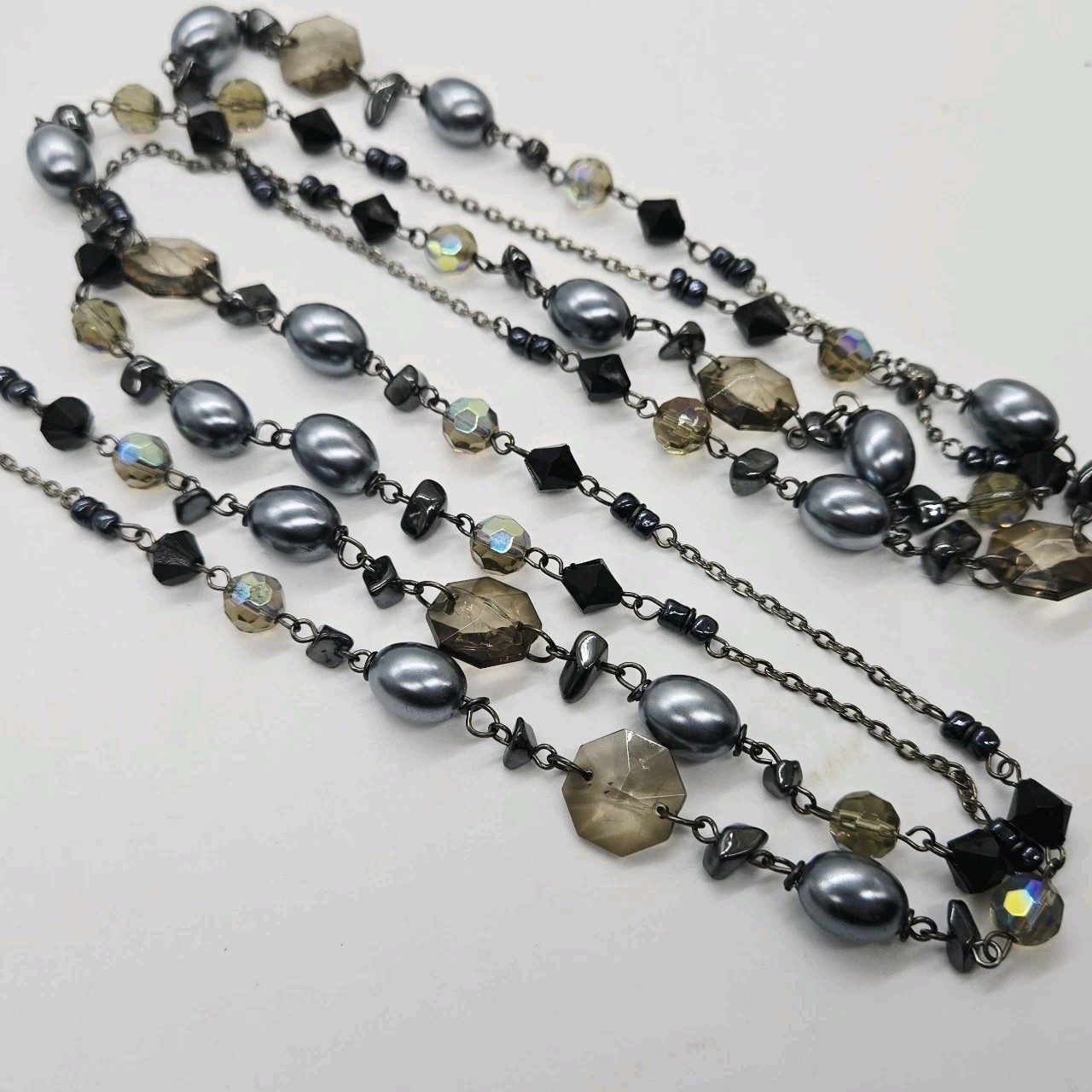 Macy’s Black & Grey Aurora Borealis Beaded necklace Long 60 in