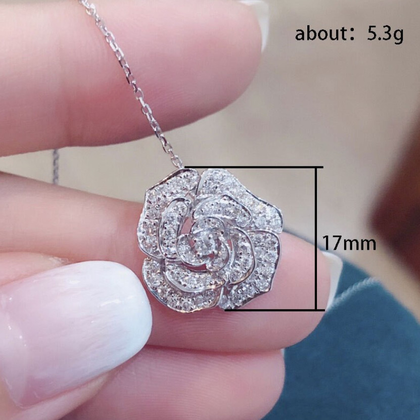 14K White Gold Plated FLOWER NECKLACE Cubic Zircon PENDANT w Chain Gift Box PE24