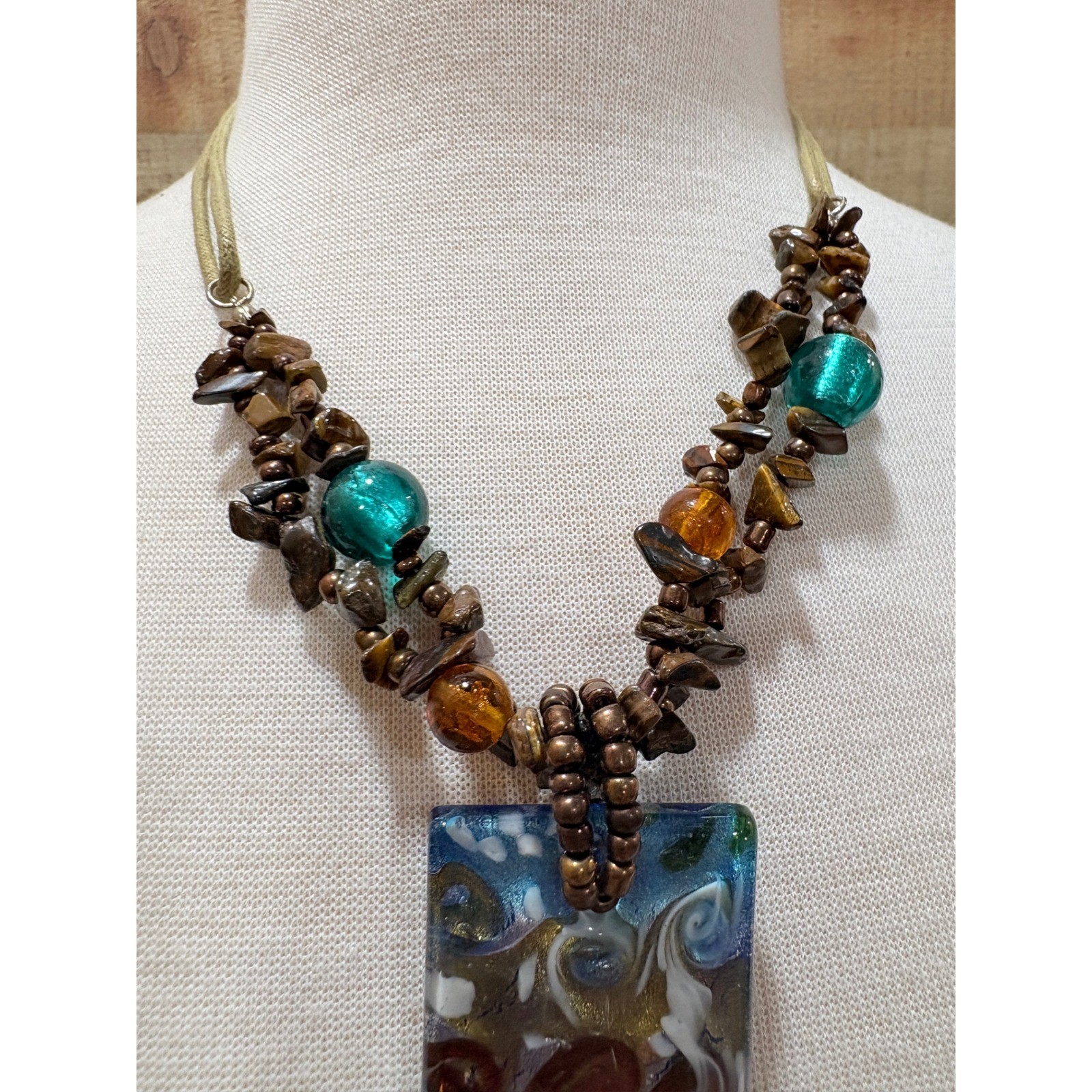 Bohemian Glass Pendant Necklace Stone Beads Colorful Abstract Art Jewelry 15in