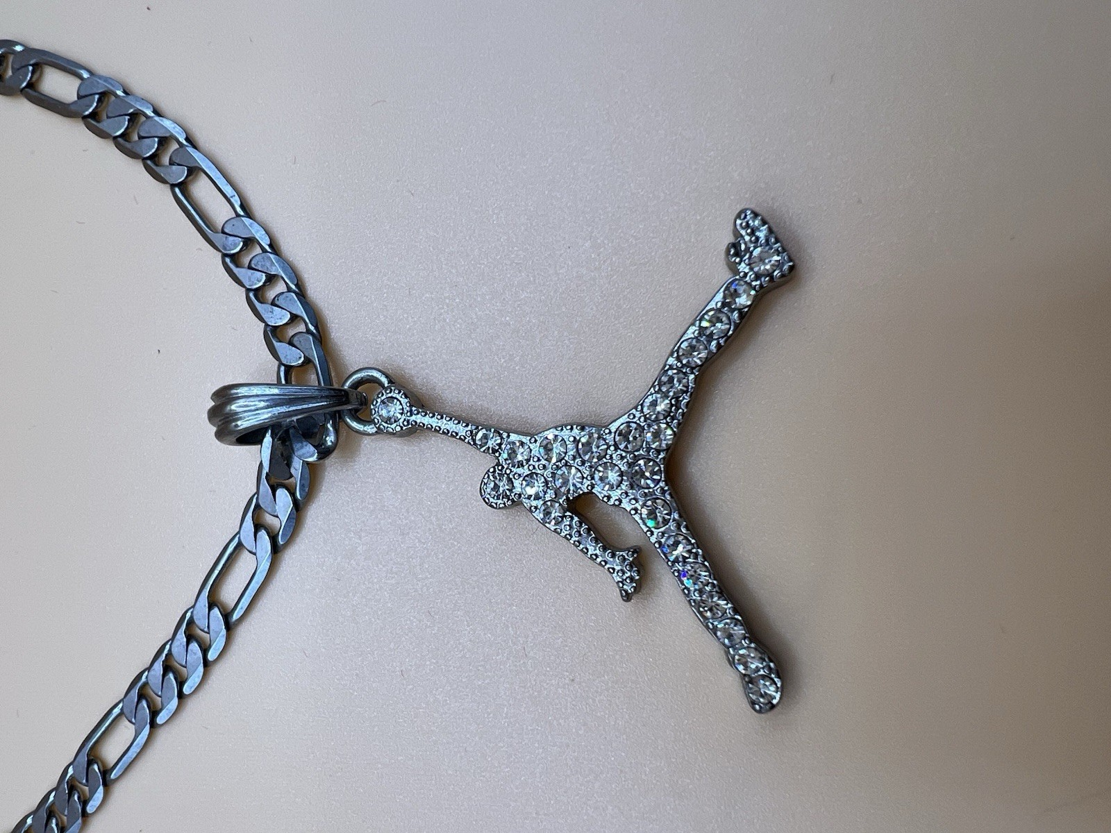 Silver Tone Stainless Steel Figaro Chain Necklace, Clear CZ Sports Charm Pendant