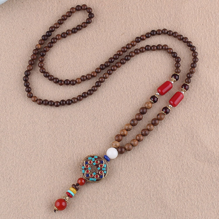 1pc Nepal Long Buddhist Wood Beaded Pendant Necklace Ethnic Buddha Lucky Jewelry