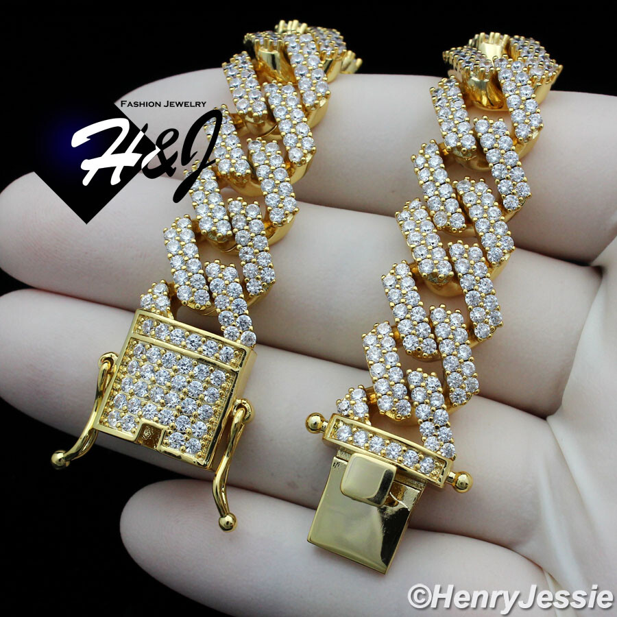 20″MEN 14K GOLD PLATED ICY BLING CZ 14MM GOLD MIAMI CUBAN CURB NECKLACE*BGN6