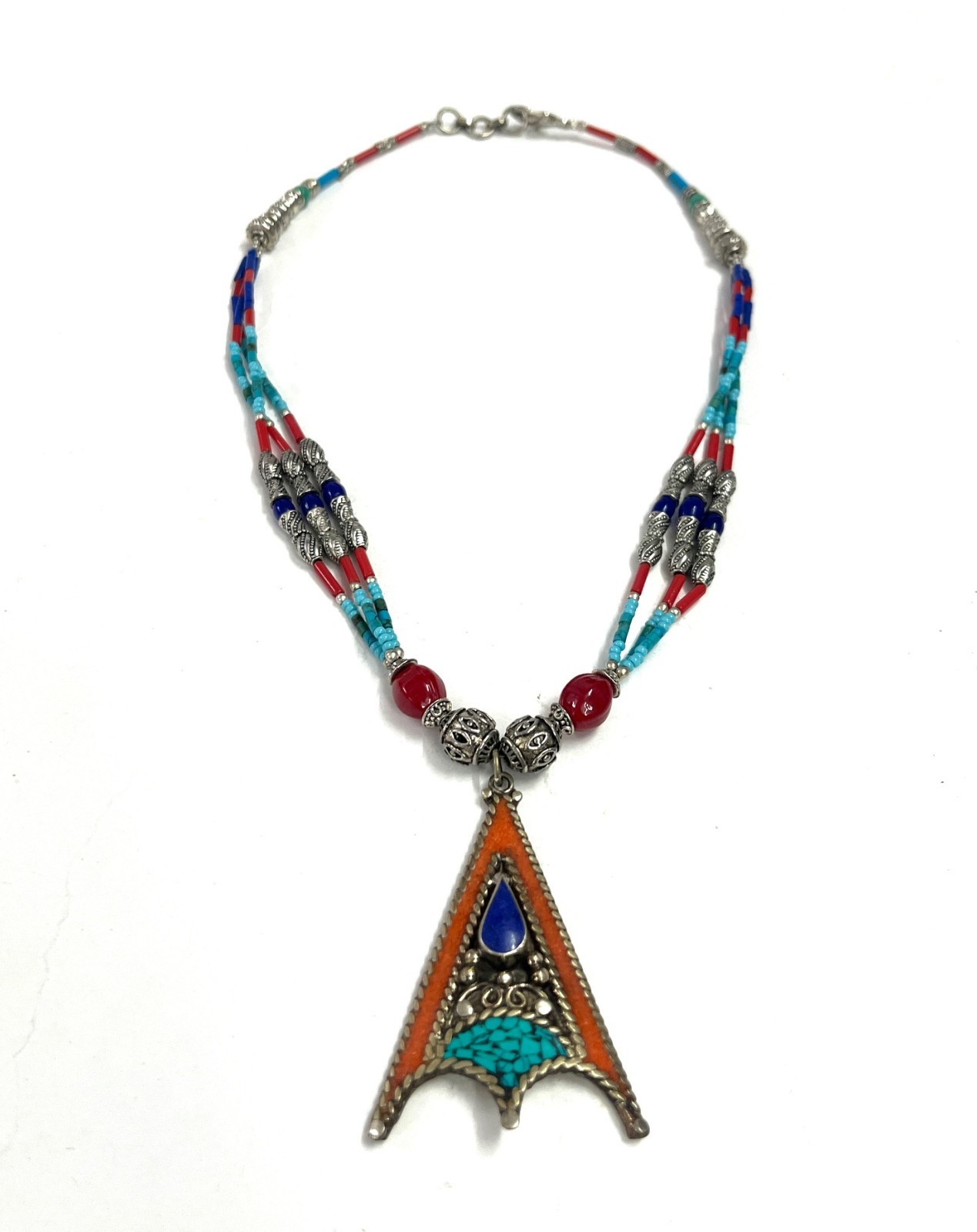 Antique Coral Turquoise Gemstone Tibetan Style Necklace Jewelry, 17 Inch Adjs