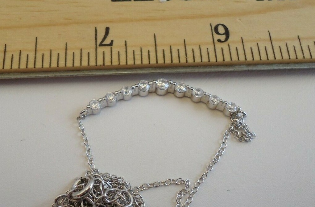 CURVED BAR NECKLACE PENDANT W/ LAB DIAMONDS /925 STERLING SILVER / 18”