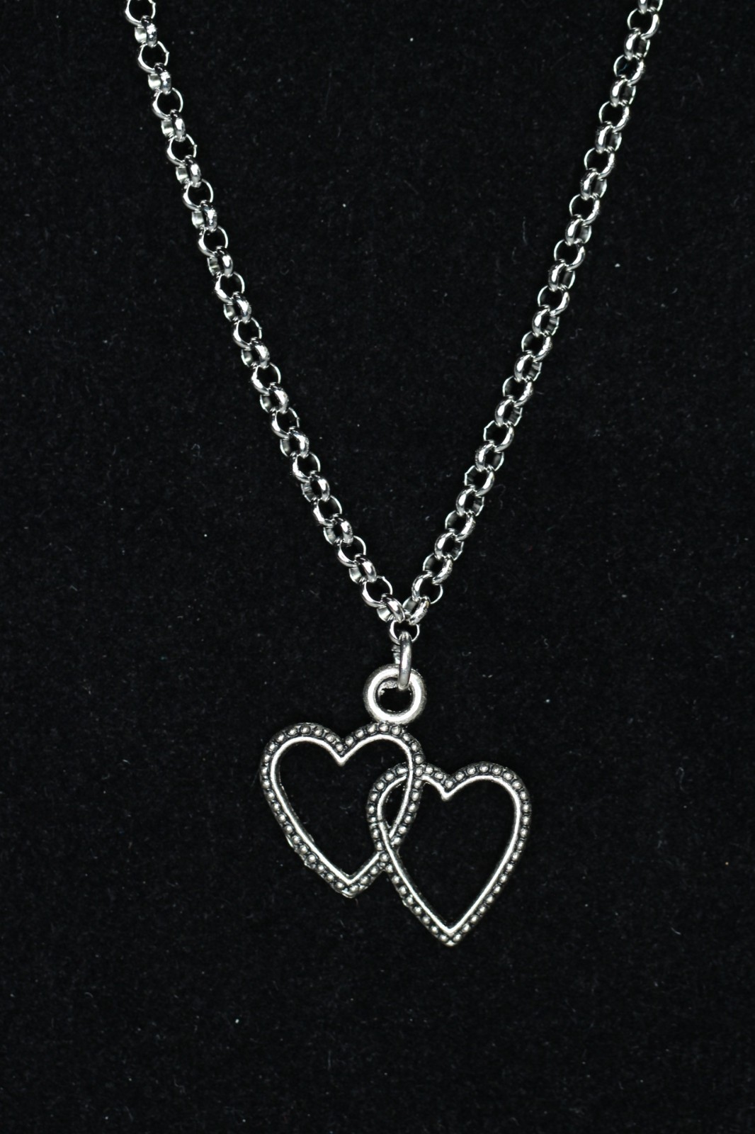 Hearts Necklace Silver Pewter Charm 1″ Pendant 3mm Stainless Chain 18″ Joined