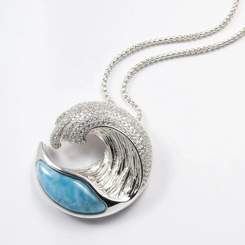 100% 925 Sterling Silver Ocean Sealife Wave Larimar Pendant Necklace Natual