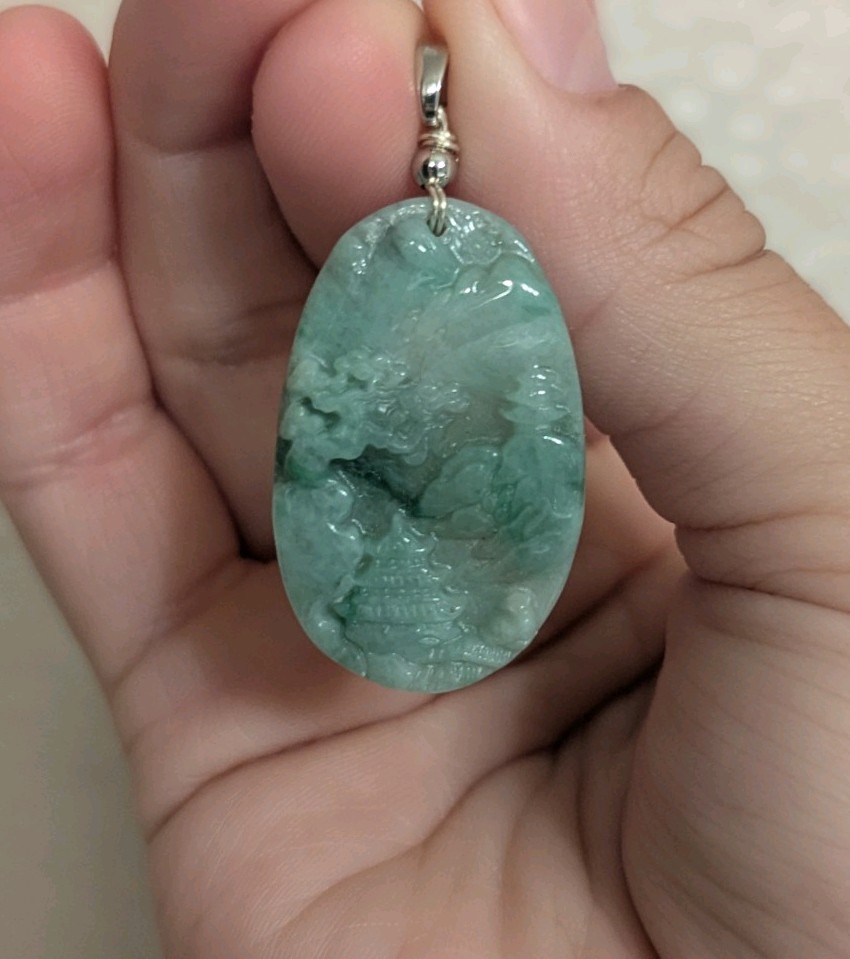 Green Jade Oval Animal Carved Pendant Charm with Bail, Stone Material