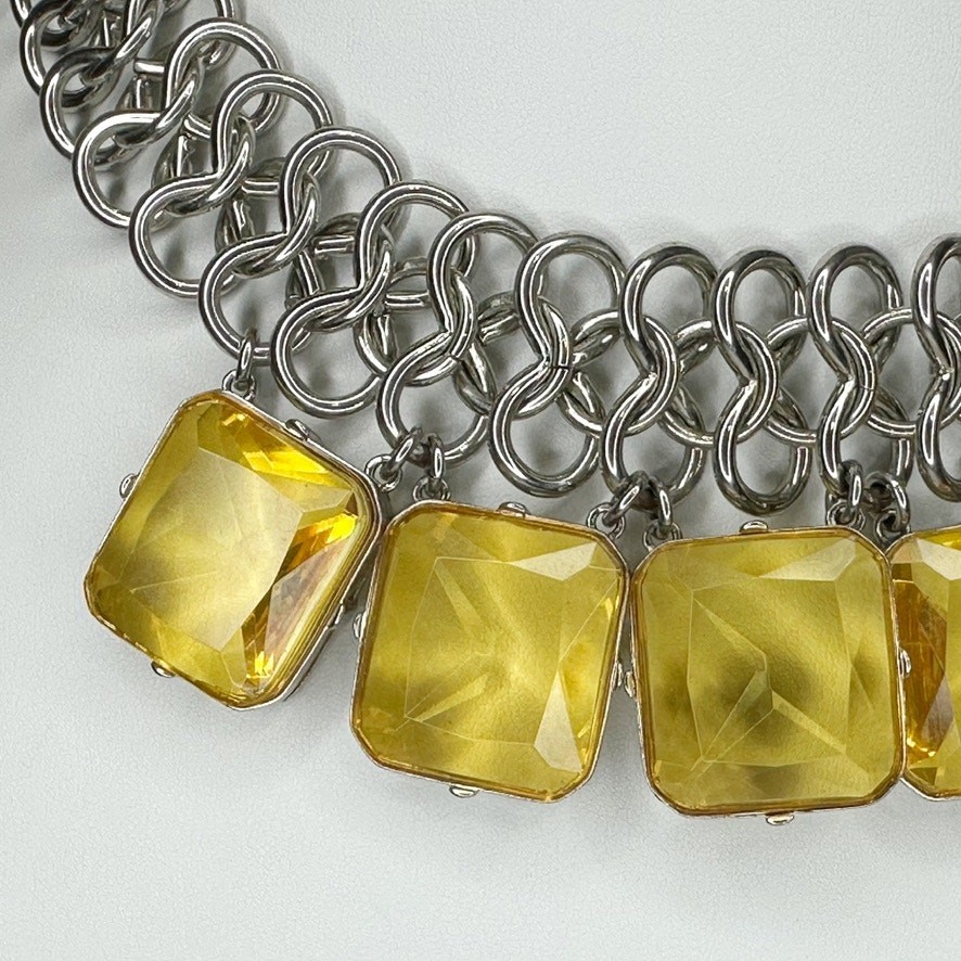 Chico’s Chunky Rhinestone Bib Necklace Yellow Silver Tone 16-20in