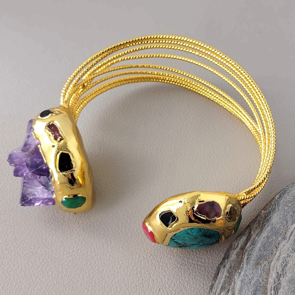 Natural Bohemia Purple Amethyst Raw Druzy Green Turquoise Bangle Cuff Bracelet