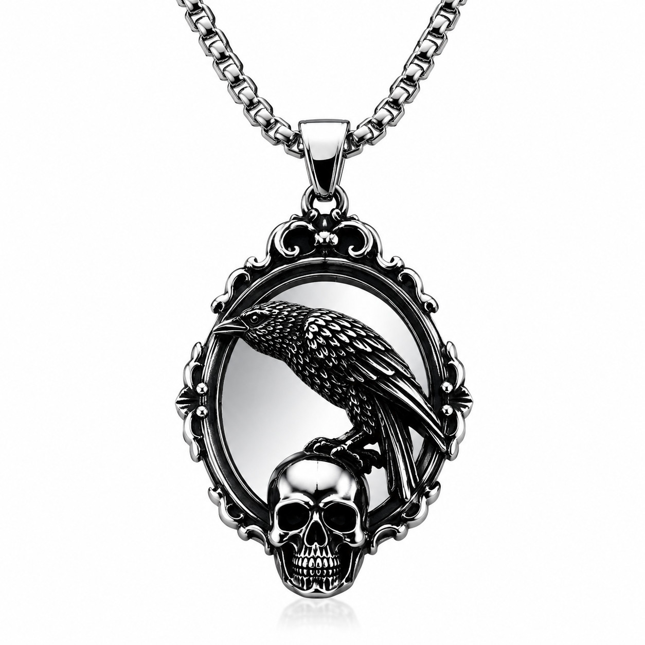Men’s Gothic Raven Skull Mirror Necklace Antique Silver Pendant Chain Biker Gift