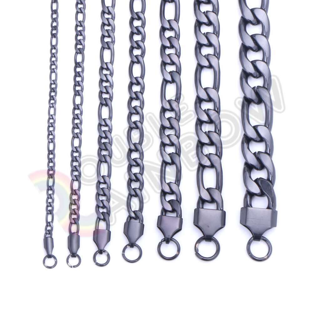 Men Women’s Stainless Steel Figaro Chain Black Plated Necklace 3mm-12mm