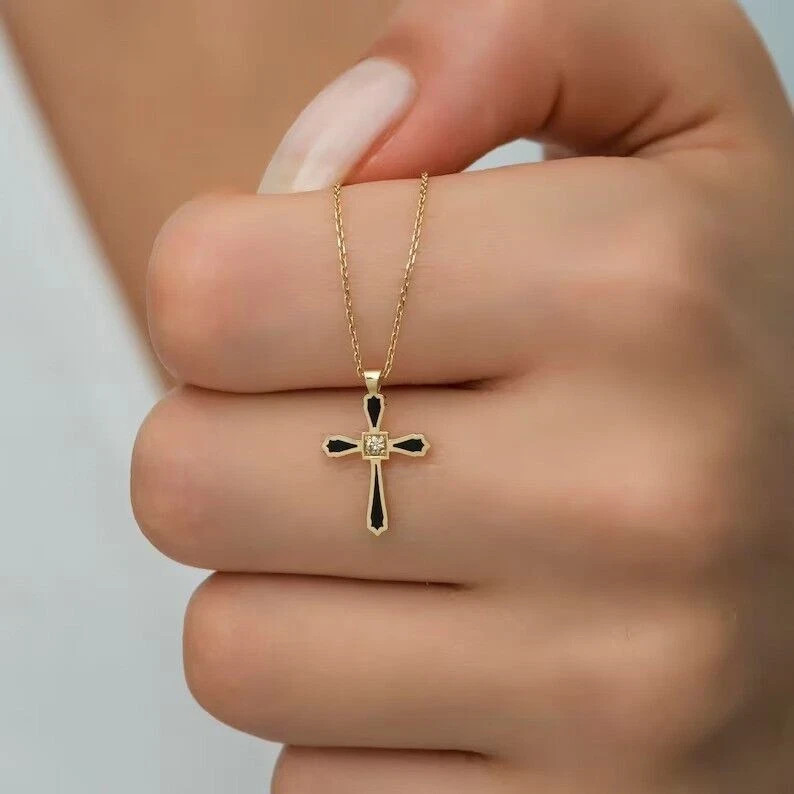1 Ct Simulated Diamond Round Cut Women’s Cross Pendant In 14k Yellow Gold Plated