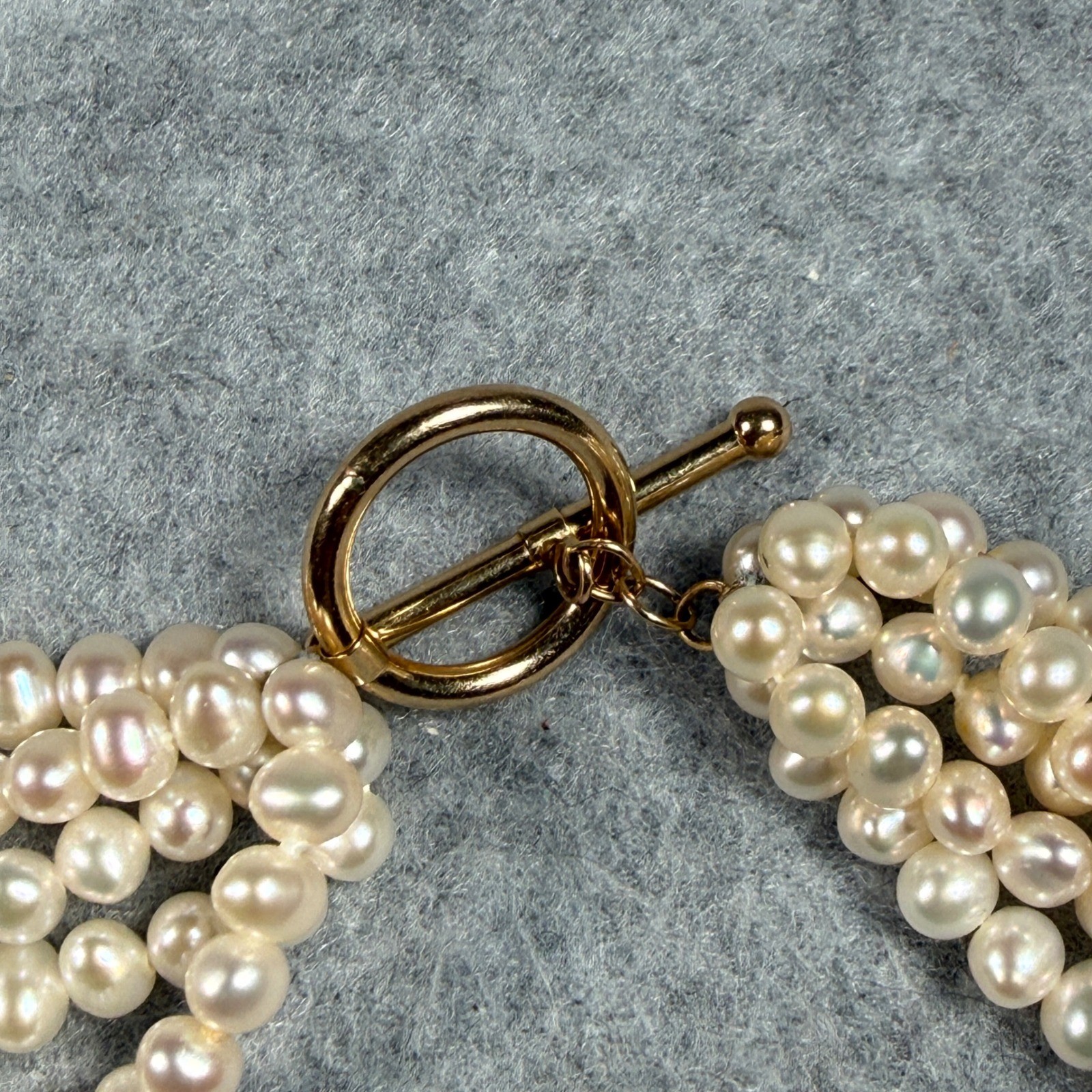 Multi Strand Freshwater Pearl Necklace Toggle 14K Gold Clasp Cream 5 Row 19in