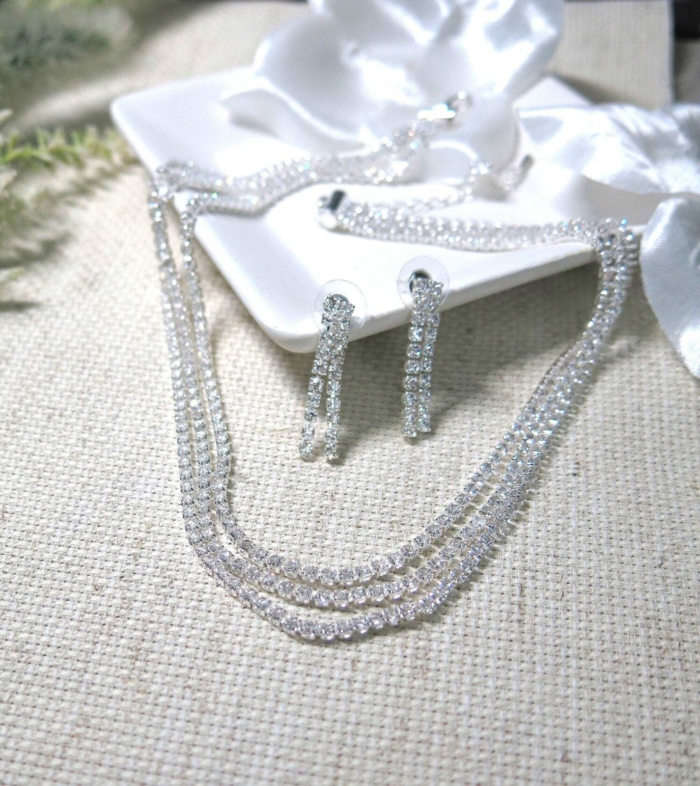 Bridal Rhinestone Crystal Multi Layer Necklace and Earrings 3 PC Jewelry Set