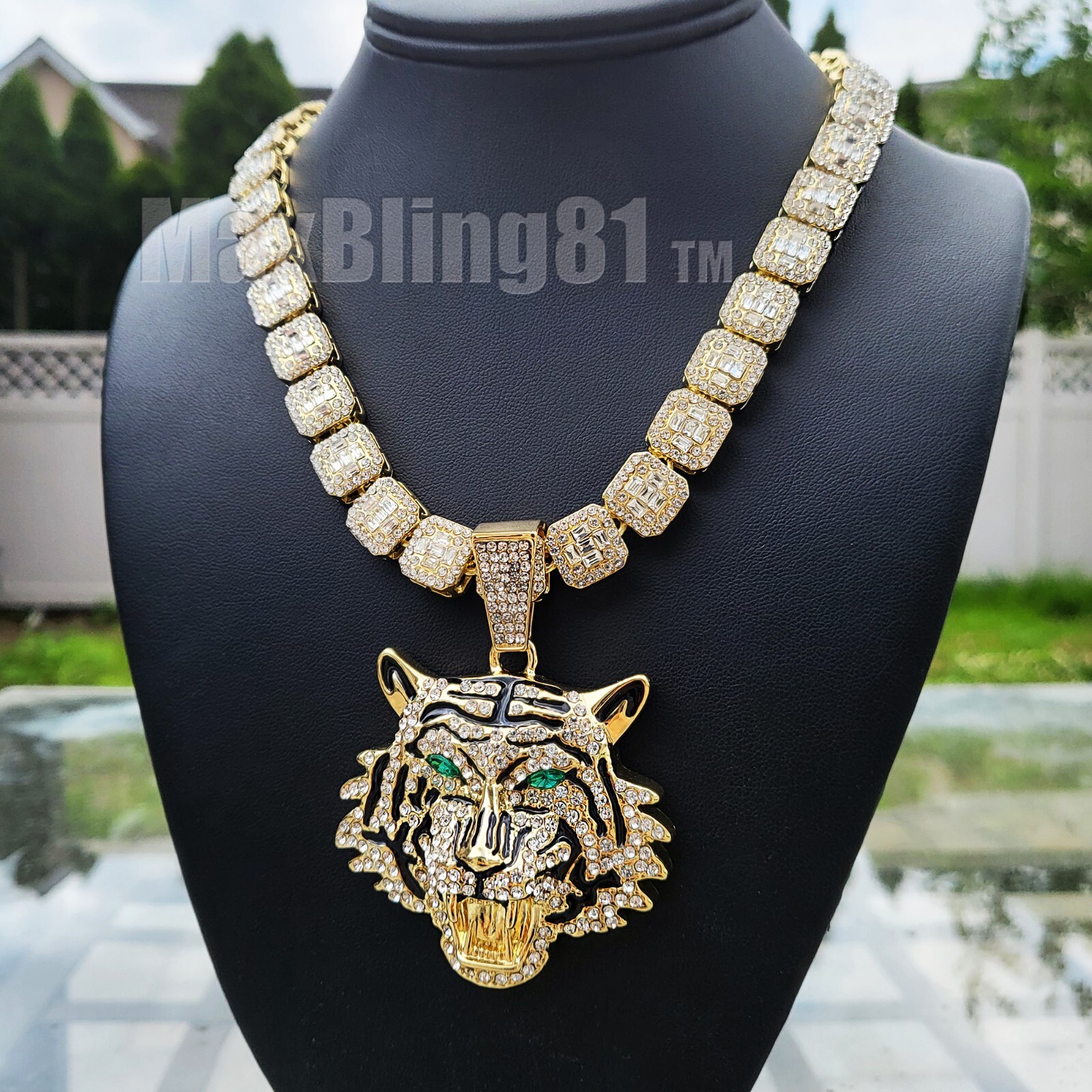 Gold Plated Large Tiger Pendant & 16″ 18″ 20″ Iced Baguette Stone Chain Necklace