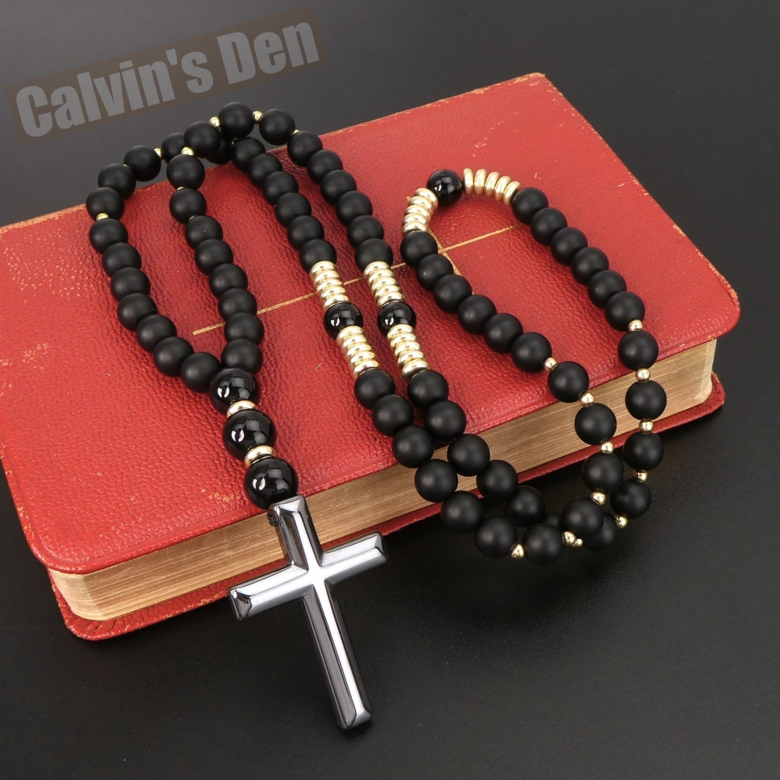 Matte Black Obsidian Polished Black Onyx Bead Cross Necklace Men Women Gift