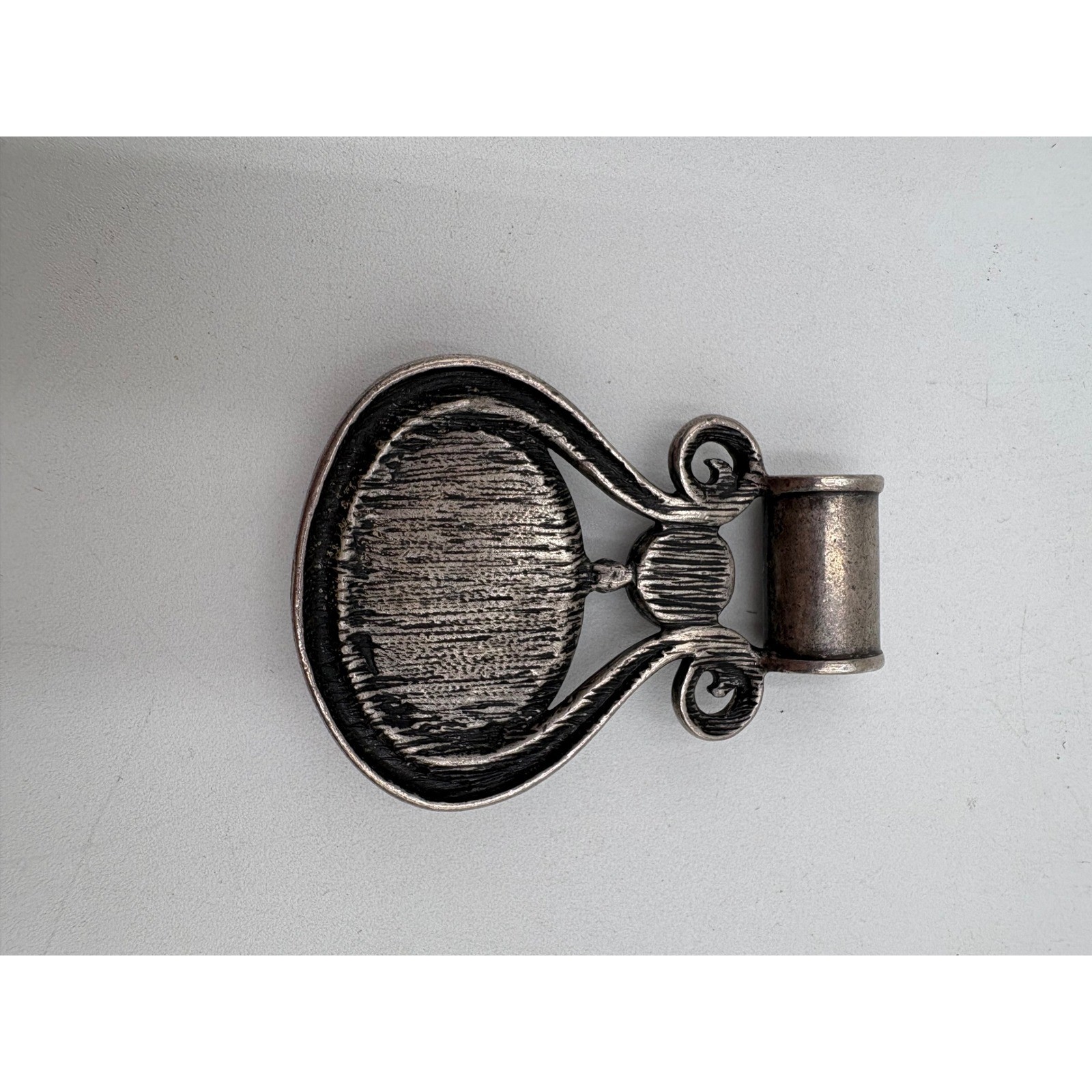 Vintage Silver Tone Black Cabochon Scroll Statement Pendant Large Bail Boho
