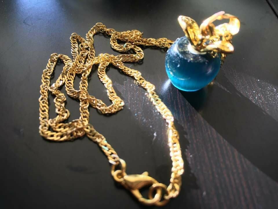Apple Necklace for Teacher-Health-Gold w/Blue Opal Pendant/Crystal-Great GIFT!!