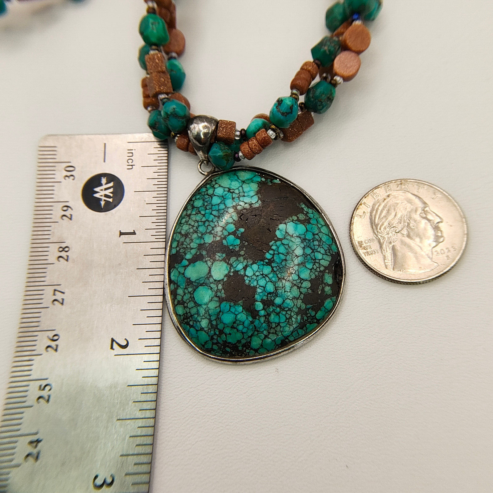 Faux Turquoise Pendant Necklace 925 Sterling Glitter Copper Color Bead Boho