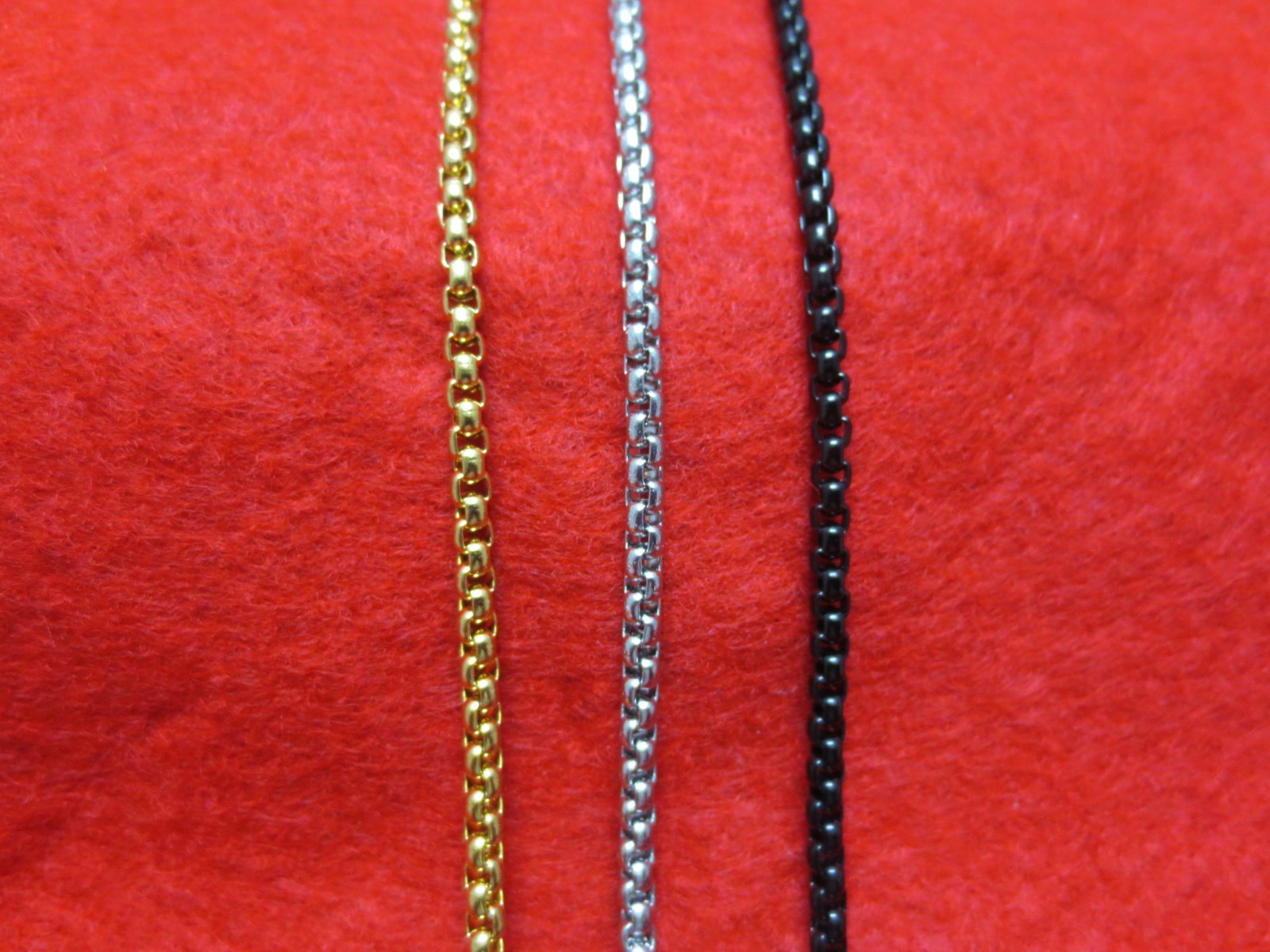 3MM 16″-60″ GOLD-SILVER-BLACK PLATED STAINLESS STEEL SMOOTH BOX ROPE NECKLACES