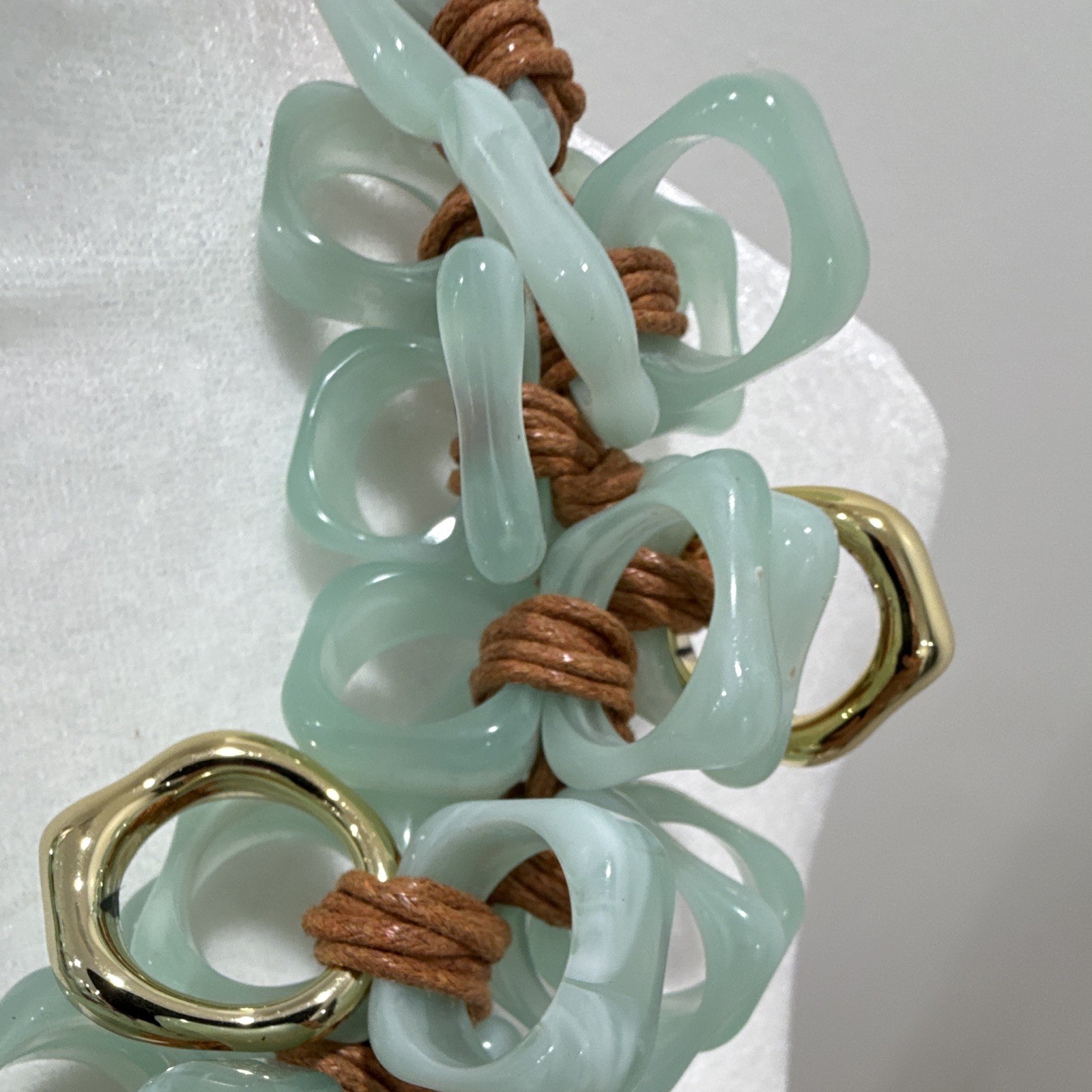 Aqua Acrylic Link Statement Necklace Brown Cord Gold Tone Cable Chain Adjustable