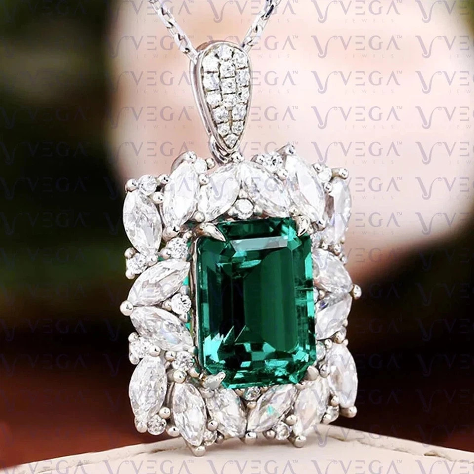 3.27 Ct Emerald Cut Emerald Pendant Wedding Pendant 14K White Gold