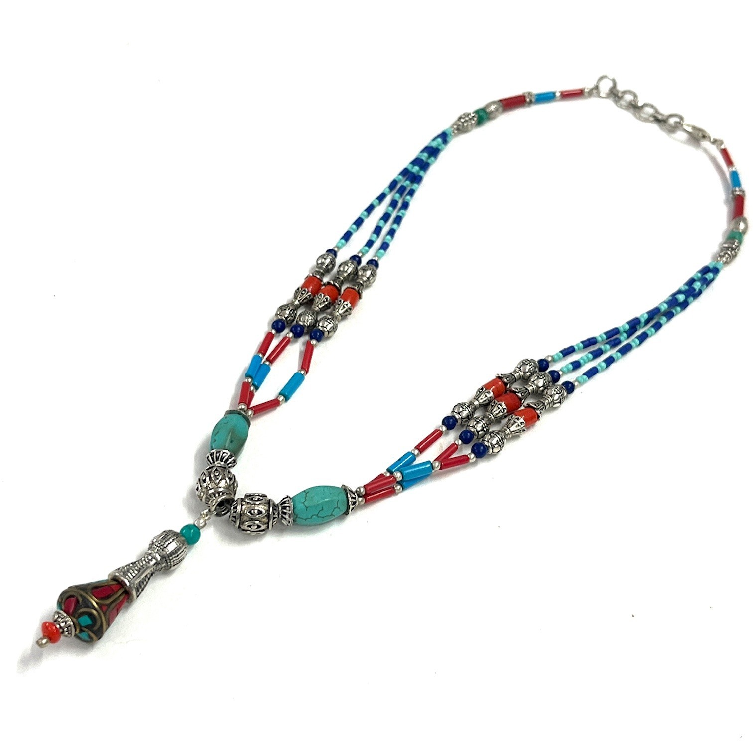 Nepalese Turquoise Coral Gemstone Tibetan Boho Necklace Jewelry, 18 inch Adj