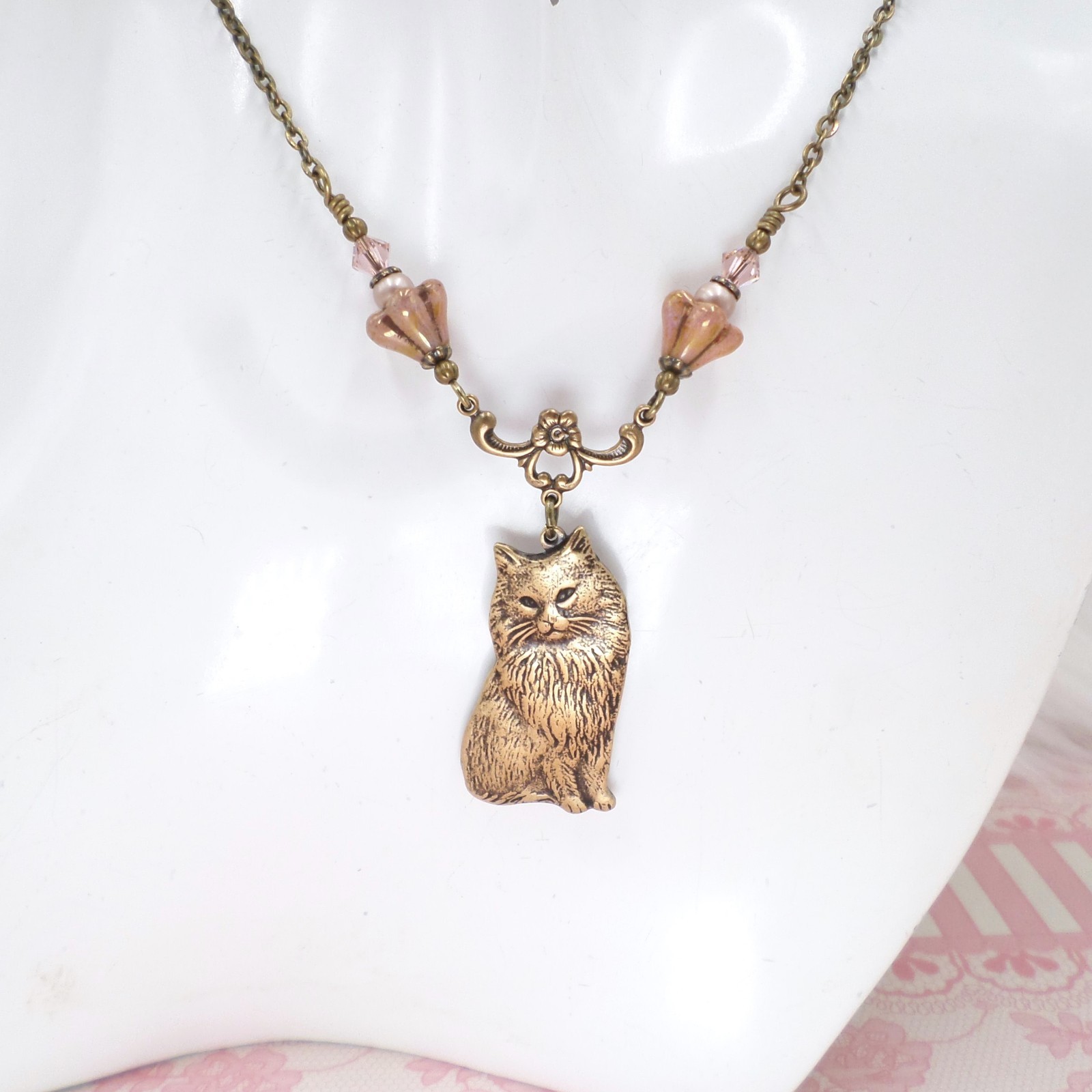 Vintage Style Cat Necklace with Pink Czech Glass Flowers, Antique Brass Handmade