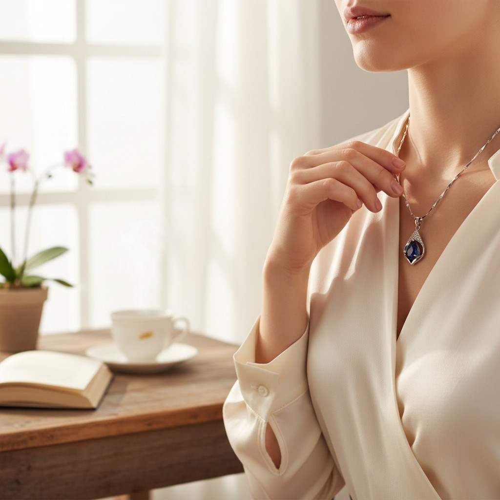 Teardrop Blue Sapphire Clavicle Necklace – Women Engagement/Wedding
