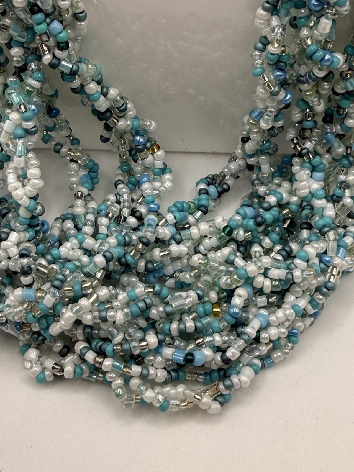 Seed Bead Necklace Blue White Made in Nepal Multi Strand Button Closure 20”