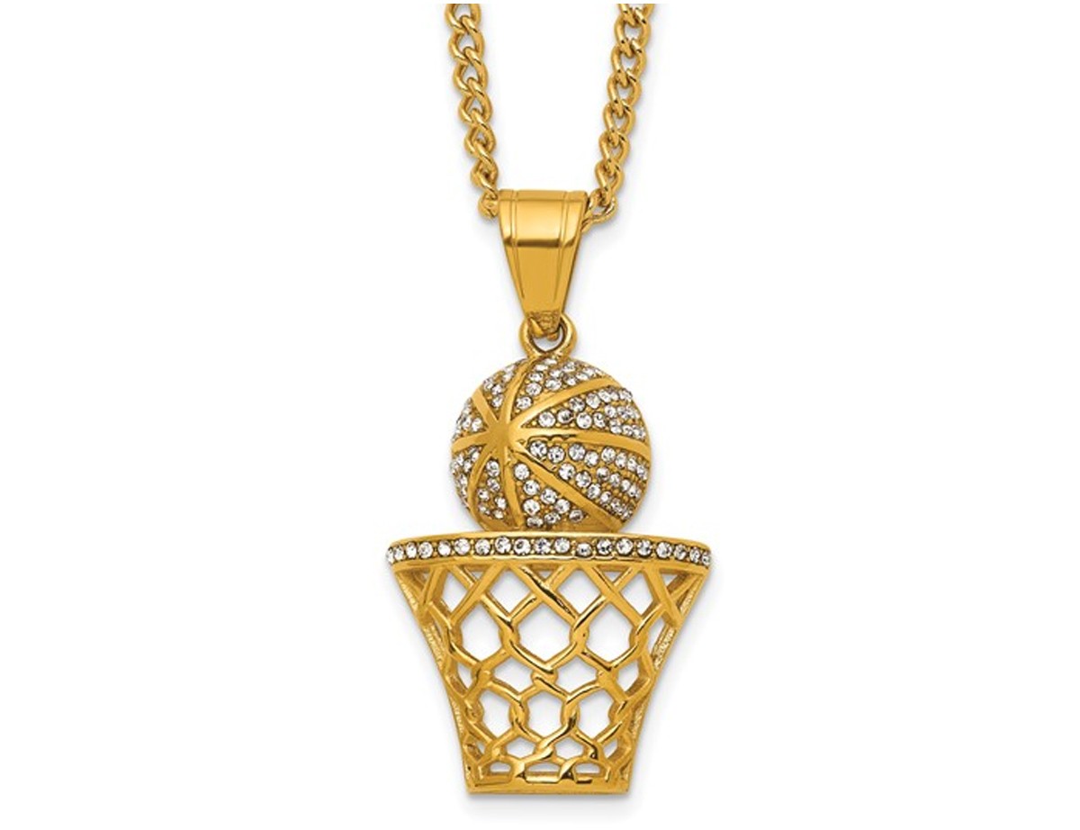 Yellow Plated Stainless Steel Basketball & Hoop Pendant Necklace with Chain