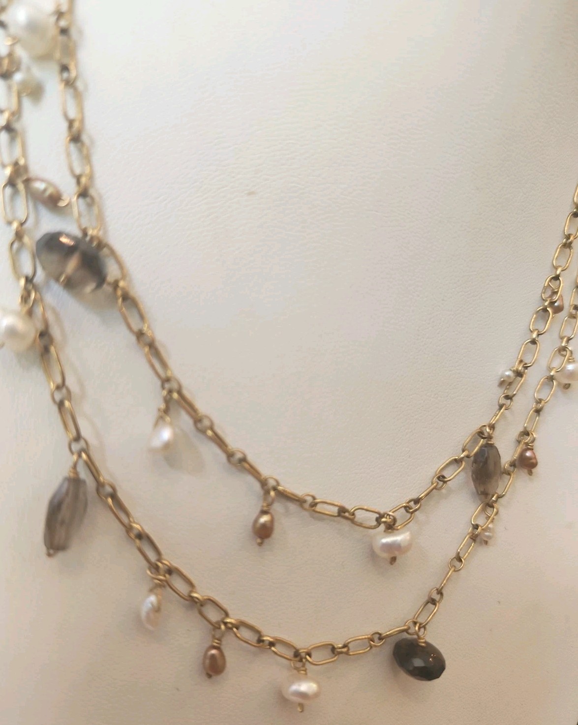 14k Gold Filled Paper Clip Chain Pearl Purple Glass Bead Accents Opera Length