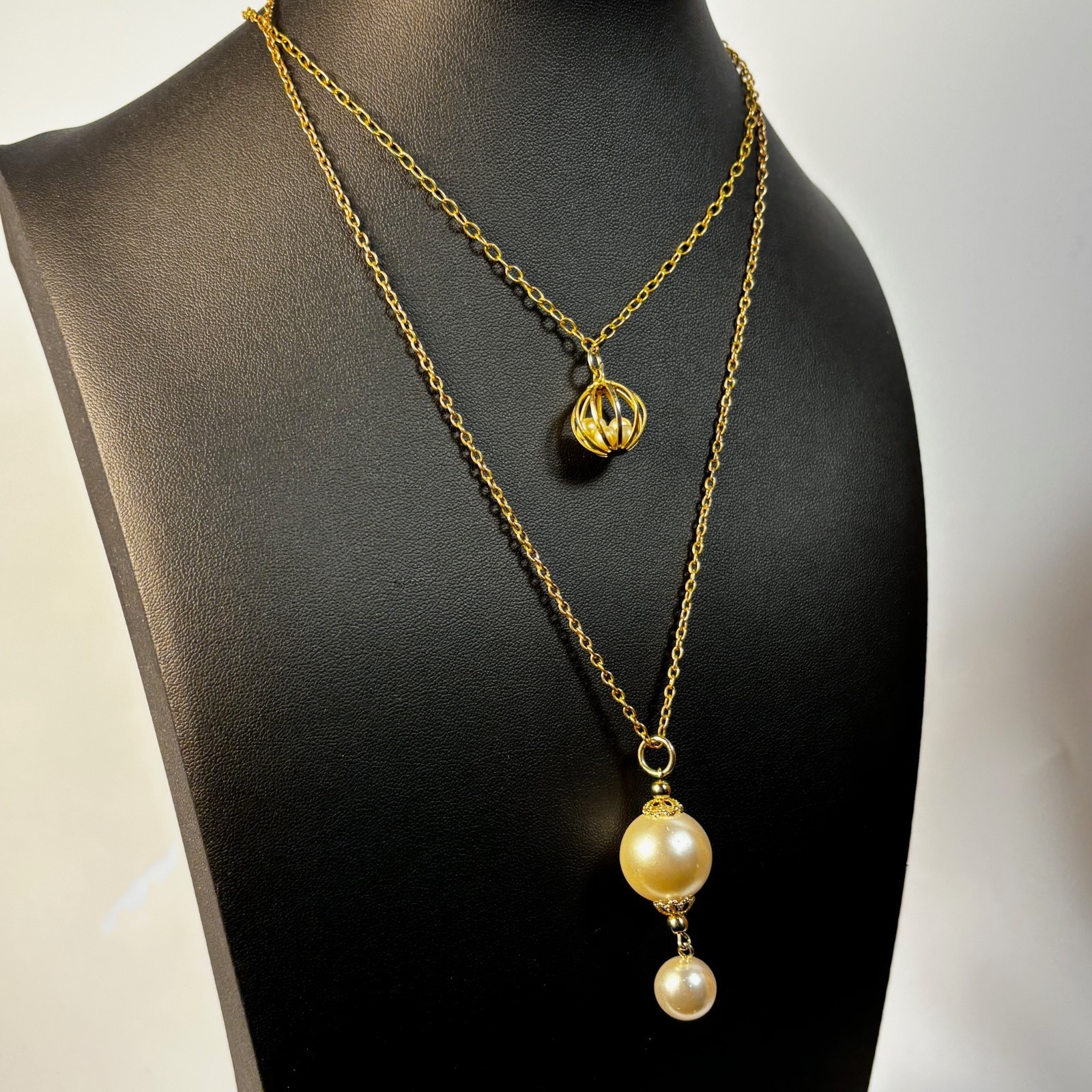 Gold Tone Layered Faux Pearl Pendant Necklace Set Orb Birdcage Drop 18-20 In