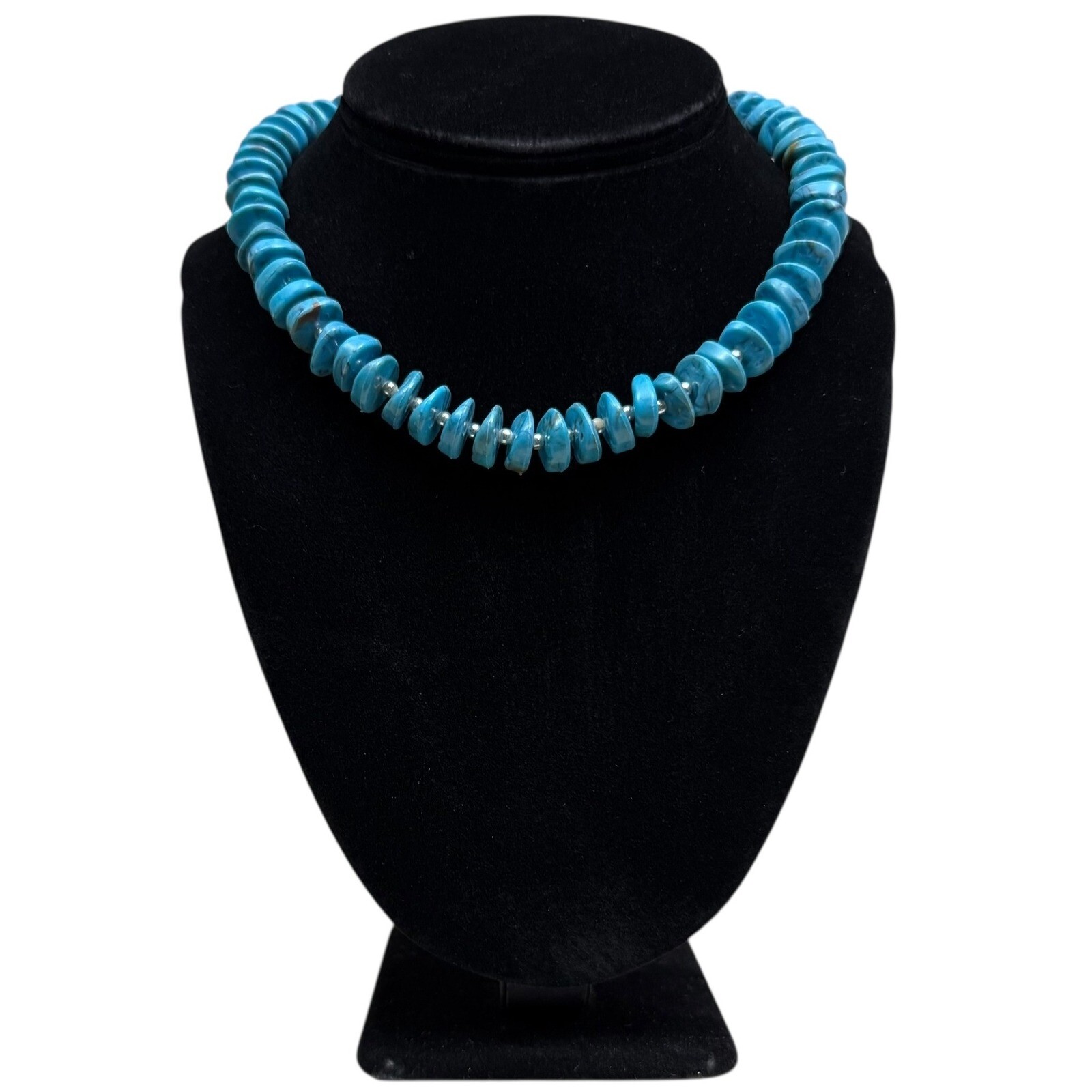 Turquoise Silver Acrylic Beaded Choker Necklace Southwest Boho Jewelry 7.5 in L